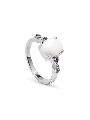 Sterling Silver Ring with Oval Shape White Opal and Amethyst