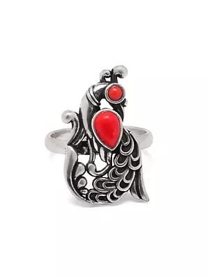 Adjustable Sterling Silver Peacock Ring with Coral