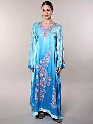 Norse-Blue Ankle Length Gown from Kashmir with Aari Embroidered Floral Vines