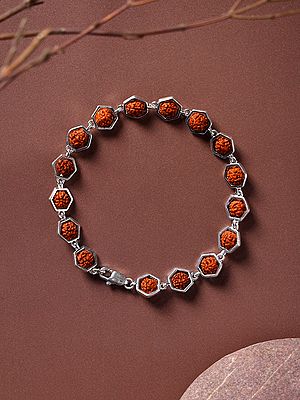Hexagonal Shape Sterling Silver Bracelet with Genuine Certified Rudraksha Beads
