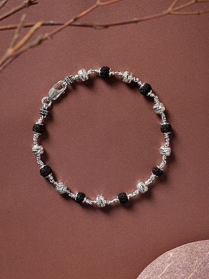 Sterling Silver Bracelet with Genuine Certified Rudraksha & Textured Silver Beads