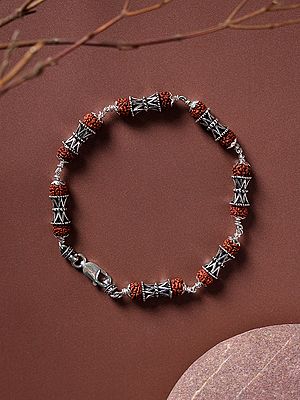 Genuine Certified Rudraksha and Sterling Silver Damru Bead Bracelet