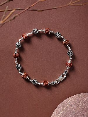 Genuine Certified Rudraksha and Sterling Silver Lattice Bead Bracelet
