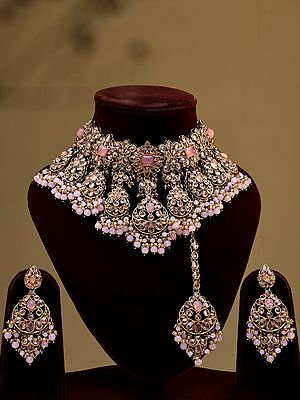 Blush Pink Floral Choker Set with Chandbali Earrings and Mangtika