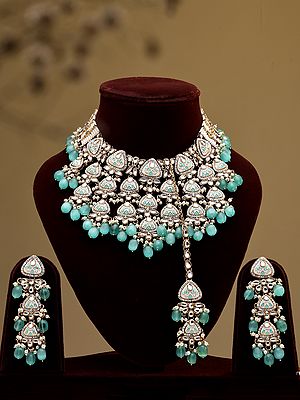 Mint Green Choker Necklace Set with Earrings and Mangtika