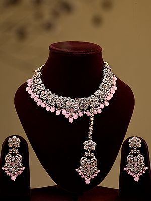 Pink Stone-Studded Floral Necklace Set with Earrings and Maang Tikka