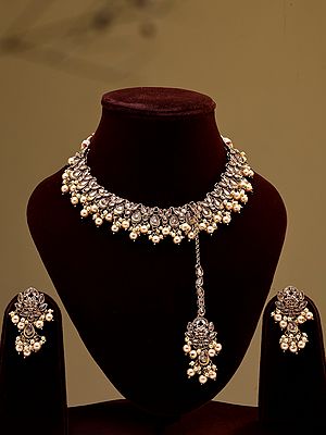 Stone Studded Pearl Drop Necklace Set with Earrings and Mangtika