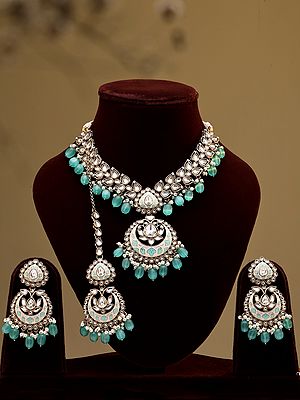 Mint Green Kundan Necklace Set with Earrings and Mangtika