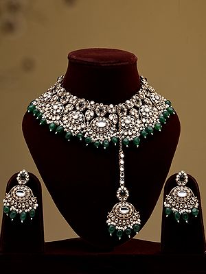 Stone Studded Necklace, Earrings and Mangtika Set with Deep Green Beaded Drops