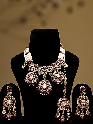 Pearl Stranded Red Stone Necklace Set with Earrings and Mangtika