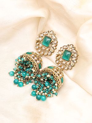 Green Kundan Jhumka Earrings with Pearl & Bead Drops
