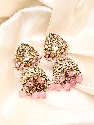 Pink Kundan Jhumka Earrings with Bead Drops