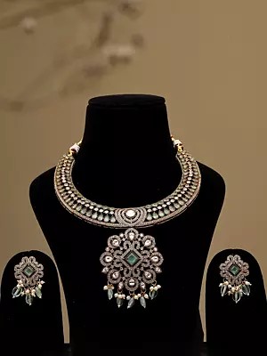 Stone Studded Necklace and Earrings Set with Dangling Beads
