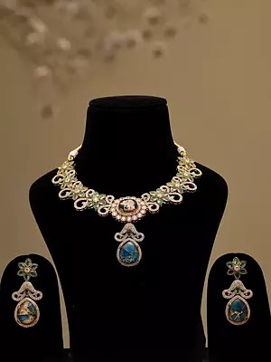 Floral Green and Blue Stone Studded Necklace Set with Earrings