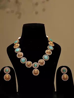 V-Shaped Statement Necklace and Earrings Set with Lion Motifs