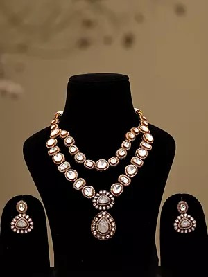 White Stone Double-Layer Kundan Necklace Set with Earrings