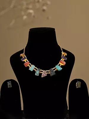 Multicolor Stone Studded Statement Necklace Set with Stud Earrings
