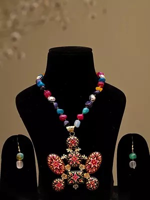 Multicolor Stone Beaded Necklace Set with Floral Enamel Pendant and Earrings