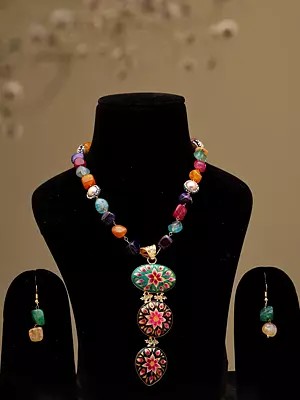 Floral Enamelled Pendant Necklace and Earring Set with Multicolour Stone Beads