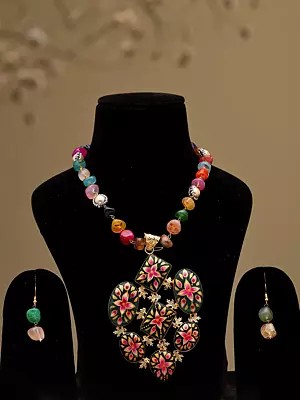 Multicolor Stone Beaded Necklace Set with Floral Enamel Pendant and Earrings