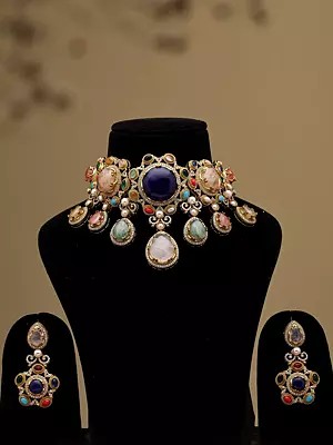 Majestic Multicolored Stone Studded Choker Set with Earrings