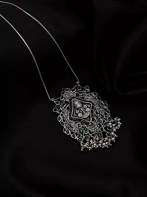 Lord Balaji Face Oxidised Silver Pendant with Pearl Drops