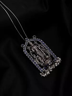 Lord Vishnu Oxidised Silver Temple Pendant with Pearl Drops