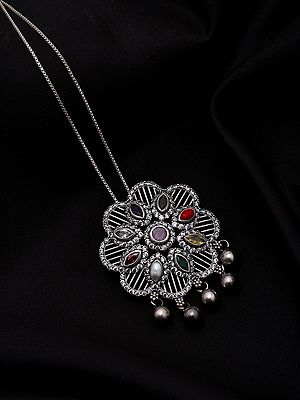 Floral Mandala Oxidised Silver Pendant with Navratna