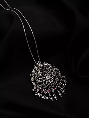 Goddess Lakshmi Carved Silver Pendant with Dangling Silver Beads