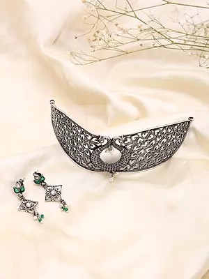 Heart Jaali Oxidised Silver Statement Choker Set with Earrings