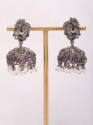 Lord Krishna & Peacock Jhumka Earrings with Small Dangling Pearls