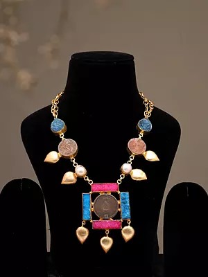 Oman 50 Baisa Coin Necklace with Leaf-Shaped Gold-Tone Drops