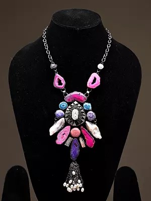 Raw-Cut Style Multistone Pendant Necklace with Pearl Tassel