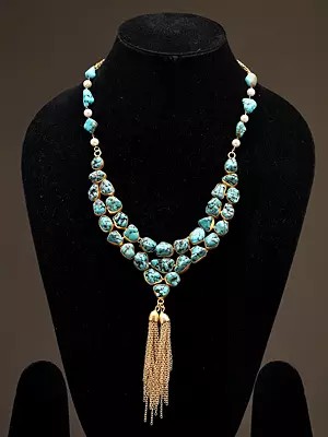 Turquoise-Look Multistone Necklace with Tassel Drop