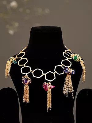 Hexagonal Link Necklace with Multicolour Stone and Chain Tassels