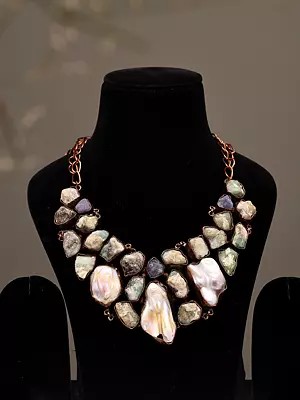 Raw-Cut Style Stone Necklace with Baroque Pearl Drops