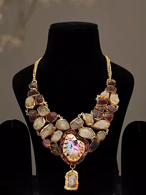 Sunburst Medallion Style Necklace with Raw-Cut Stones