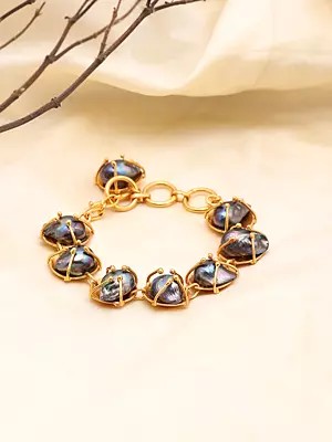 Iridescent Stone-Studded Brass Link Bracelet with Toggle Clasp