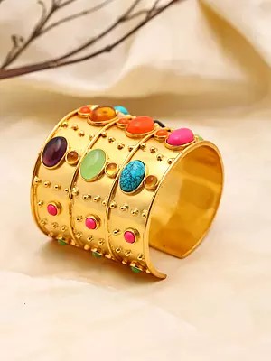 Multicolour Stone-Studded Brass Statement Cuff Bracelet