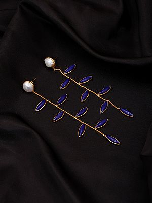 Leaf Vine Design Long Earrings with Marquise-Shaped Stones