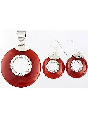 Carnelian Pendant with Matching Earrings Set - Sterling Silvere