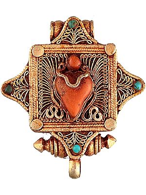 Filigree Gau Box Pendant with Coral and Turquoise - Sterling Silver