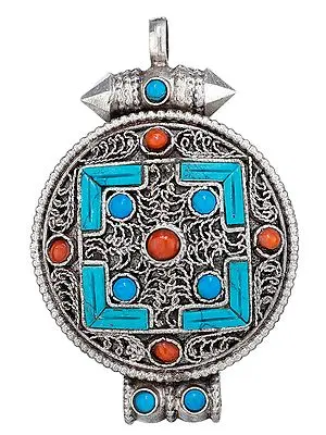 Tibetan Filigree Gau Box Pendant with Coral and Turquoise