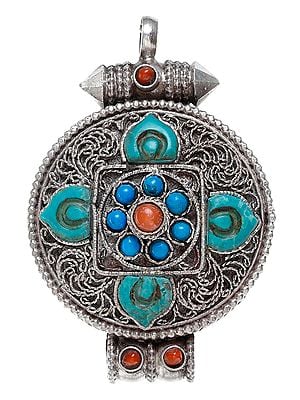 Gau Box Mandala Filigree Pendant with Coral and Turquoise - Made in Nepal
