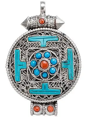 Gau Box Mandala Filigree Pendant with Coral and Turquoise