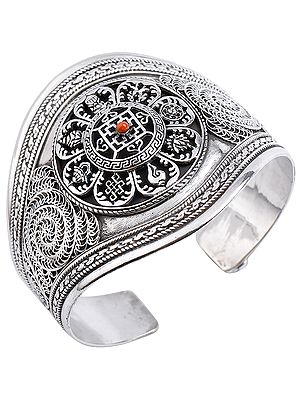 Mandala with Coral and Filigree Cuff  Bracelet (Adjustable Size)
