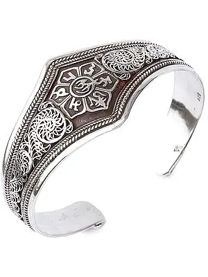 Om Mani Padme Hum Cuff Bracelet with Filigree (Adjustable Size)