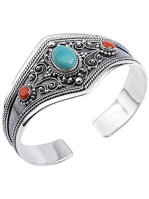 Turquoise and Coral Cuff Bracelet with Twisted Rope Design from Nepal (Adjustable Size)