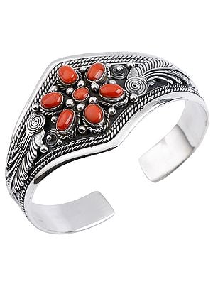 Six-Petals Coral Flower Cuff Bracelet with Twisted Rope Design from Nepal (Adjustable Size)