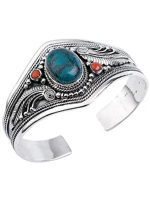 Beautifully Crafted Silver Bracelet Cuff Bracelet with Tibetan Turquoise and Coral from Nepal (Adjustable Size)